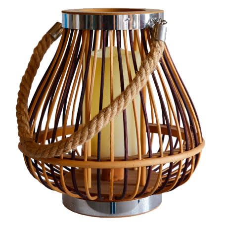 EME Farolillo Decorativo de Bambú con Medidas 23x23x23cm. Ideal para Decorar en Exteriores e Interiores. Farol con asa de varas de Madera y Cristal. De Estilo Boho con Vela Central.