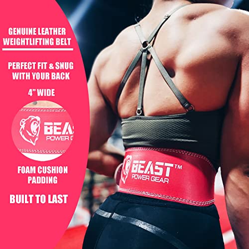 Beastpowergear Weight Lifting Belt - 4” Genuine Leather Belts Padded Lower Back Support For Gym Bodybuilding Squat Deadlift Weightlifting Cross Strength Training Men Women Free Wrist Wrap (Small 24" - 29", Pink) #TOP3
