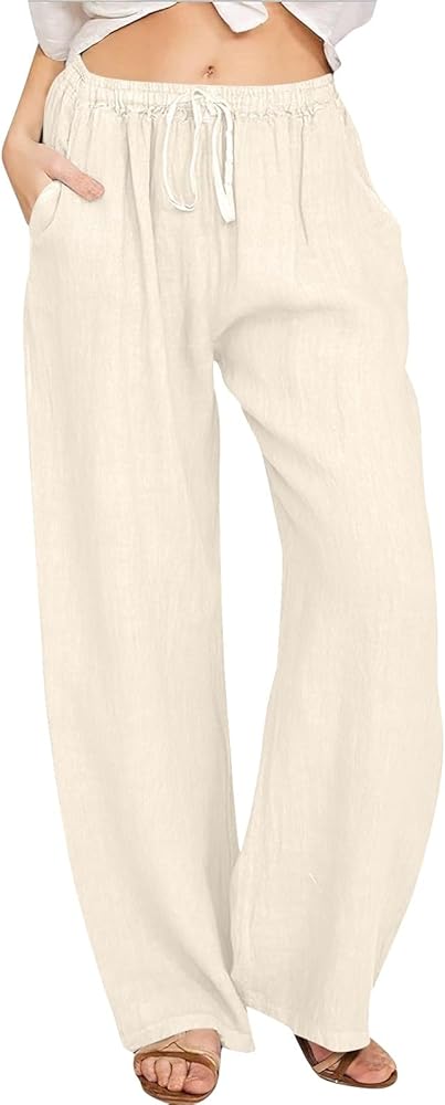 Pantalon Femme Été En Coton Et Lin – Coupe Droite, Taille Haute, Cordon De Serrage – Léger, Confortable, Pour Plage, Vacances, Look Décontracté