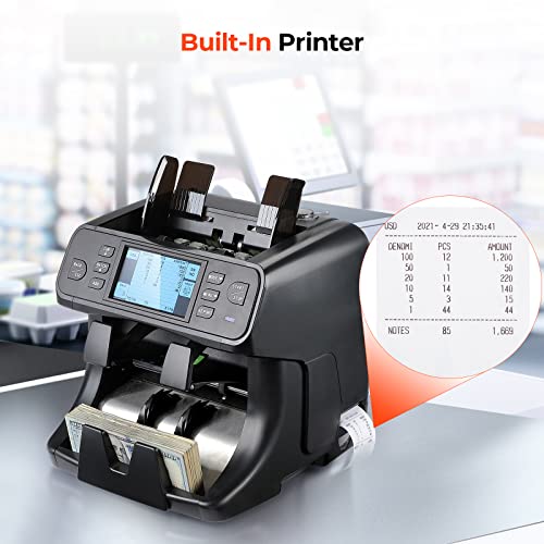 Image of MUNBYN 2-Pocket Money Counter Machine Mixed Denomination, Money Sorter, Built-in Printer, Sort on DENOM /FACE /ORI, Value Counting, 2 CIS /UV /MG /IR Counterfeit Detection, Touch Screen, 2Y Manufacturer