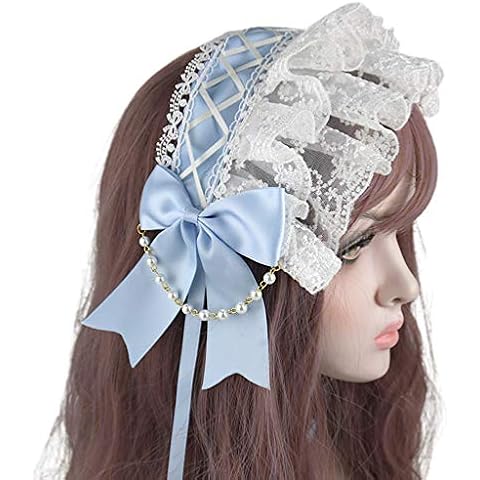 Kamonda Ruffled Lace Headband Crisscross Ribbon Bow Pearls Chain Maid Hair Band Headband Light Blue Cover