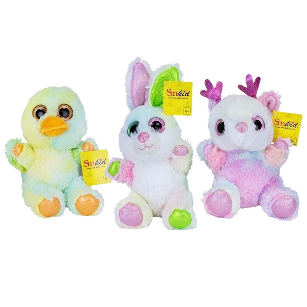 BEMIRO Plüschtiere Set, Bunte Kuscheltiere mit Glitzernden Augen, 6er Pack in Regenbogenfarben, Polyester, ca. 18 cm Groß, Tiermotive in Zufallsauswahl, Geschenk für Kinder ab 0 Jahren