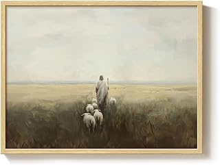 Framed Vintage Jesus Wall Art, Christian Jesus and Sheep Canvas Print, Farmhouse Field Good Shepherd Artwork for Bedroom, Hallway, Prayer Room, or Office Decor, 12x16 In