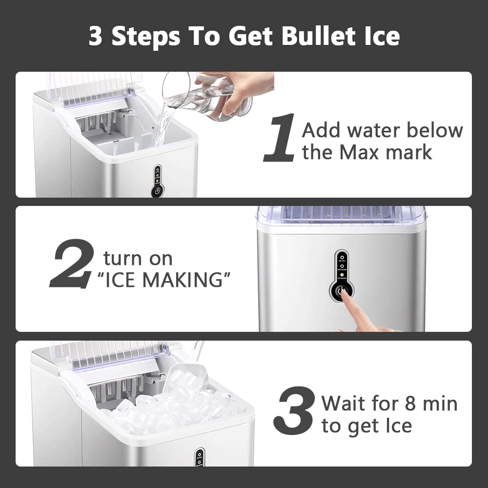 Joy Pebble Ice Maker Countertop, Efficient Ice Maker Machine, 26Lbs/24Hrs, 9 Cubes Ready in 8 Mins, Portable Ice Maker with Ice Scoop/Basket for Home/Kitchen/Office/Bar,Silver