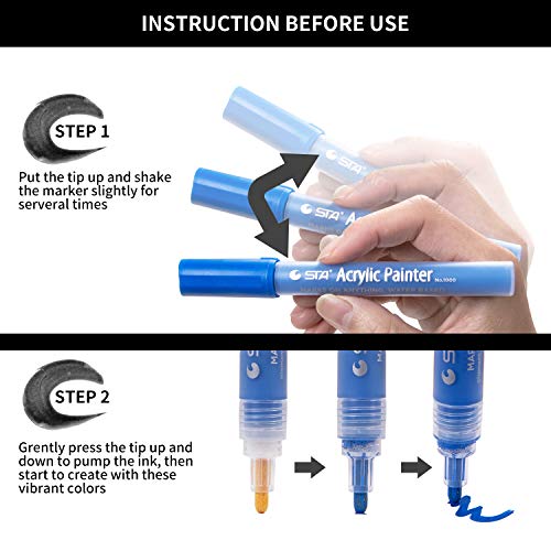 STA Acrylic Paint Pens Marker Pens for Rock Painting, Glass, Porcelain, Mug, Wood, Fabric, Canvas, DIY Craft Projects with Extra-fine Medium-Tip (12 Colors) - Thumbnail 7