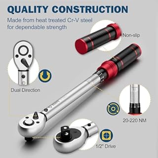 VANPO Chiave Dinamometrica 1/2'', 20-220 NM Auto e Moto Chiavi Dinamometriche Set con 125mm Barra di Prolunga, Adattatore da 1/2“ a 3/8'',72 Dente, Precisione ± 3% con Cricchetto Reversibile per Auto