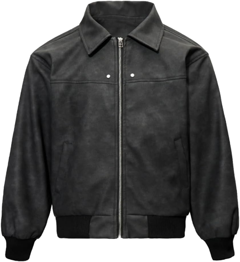 Fullneat Men's Teen Faux Leather Zip Up Bomber Jacket 90S Vintage Biker Racing Moto Jackets Streetwear Coats