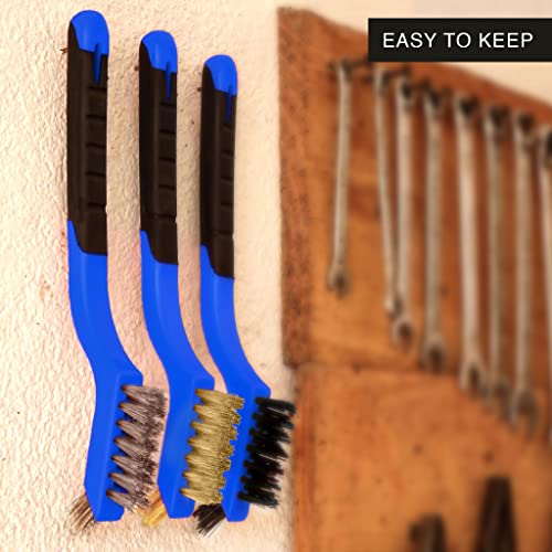 Lavaxon Wire Brush Set 3Pcs - Nylon/Brass/Stainless Steel Bristles with Curved Handle Grip for Rust, Dirt & Paint Scrubbing with Deep Cleaning – 7 Inches (Blue) by Lavaxon - Image 6