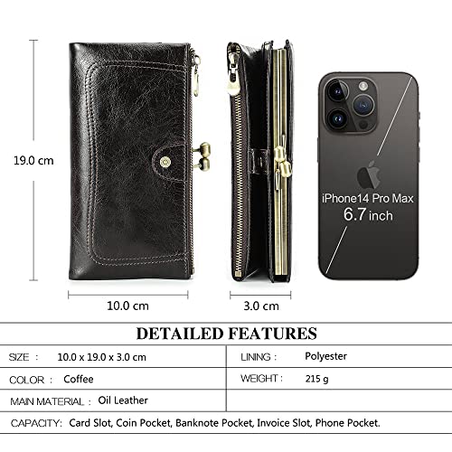 Image of CONTACTS Kiss Lock Wallet for Women Leather Clutch Wallet Vintage Coin Purse RFID Wallet Bifold Brown Card Phone Holder