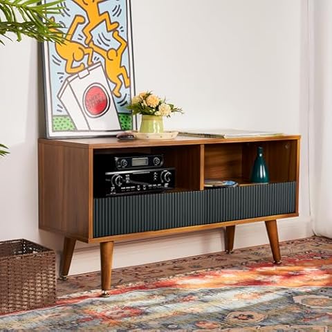 Artswish Mid Century Modern TV Stand with 2 Drawers for 42 Inch TV, Small Entertainment Center with Storage, 2 Open Shelves, Brown Media Consoles, TV Cabinet Stand for Living Room, Bedroom, Walnut Cover