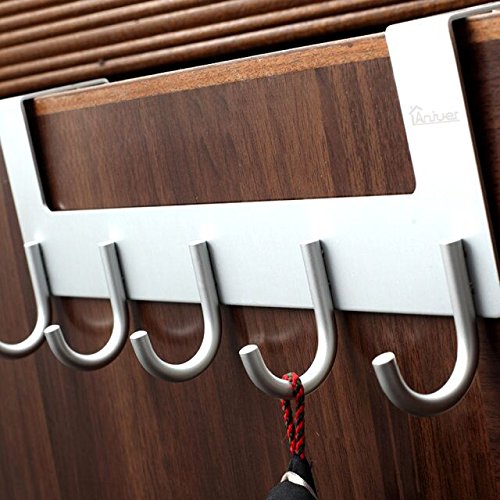 Anjuer Door Hooks Hanger Rack, Aluminum Utility Organizer Towel Hooks Holder For Kithchen Bathroom, 5 Hooks Over The Door Hanger Silver #TOP1