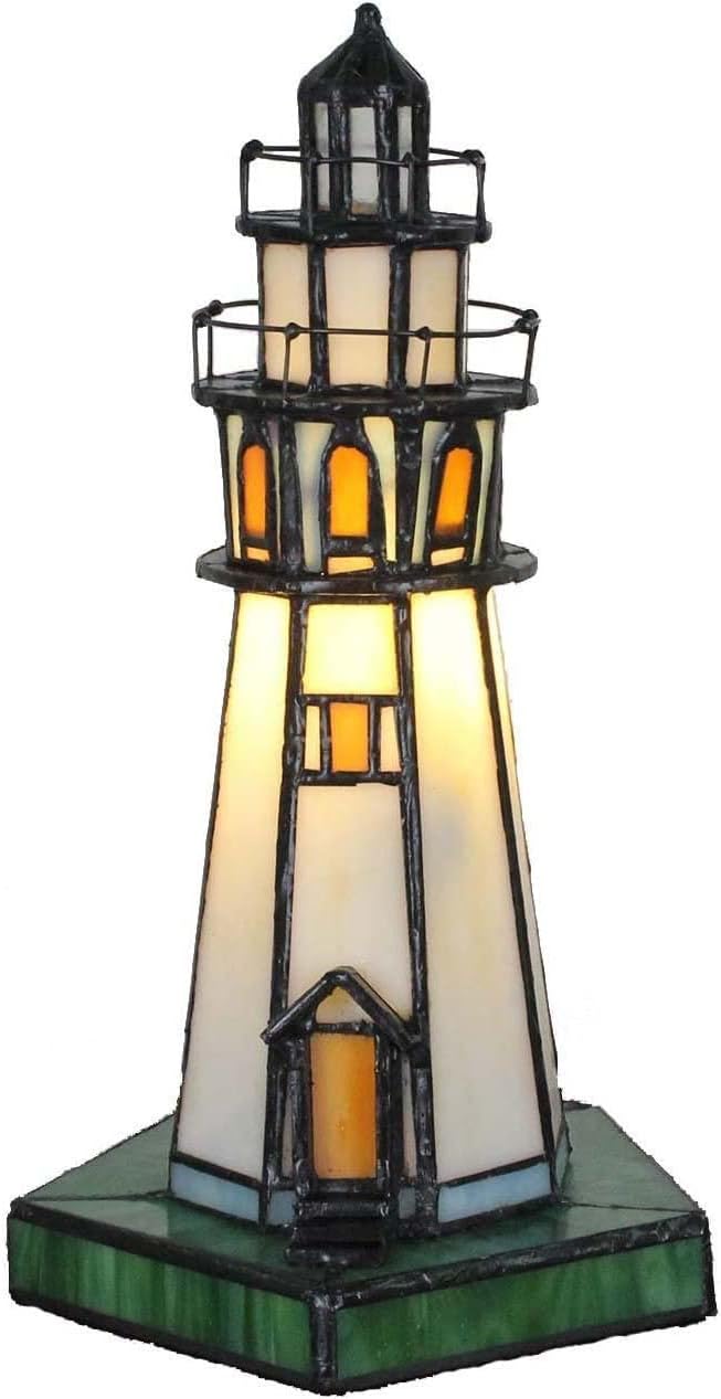 Bieye L10221 Lighthouse 10 inch Tiffany Style Stained Glass Accent Table Lamp, Night Light