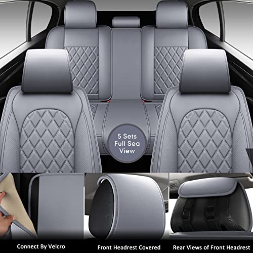 Lingvido Breathable Leather Grey Car Seat Covers, Rhombus Faux Leather Vehicle Semi-Custom Cushion For Cars & Suv Truck Universal Fit Set (Full Set, Gray) #TOP4