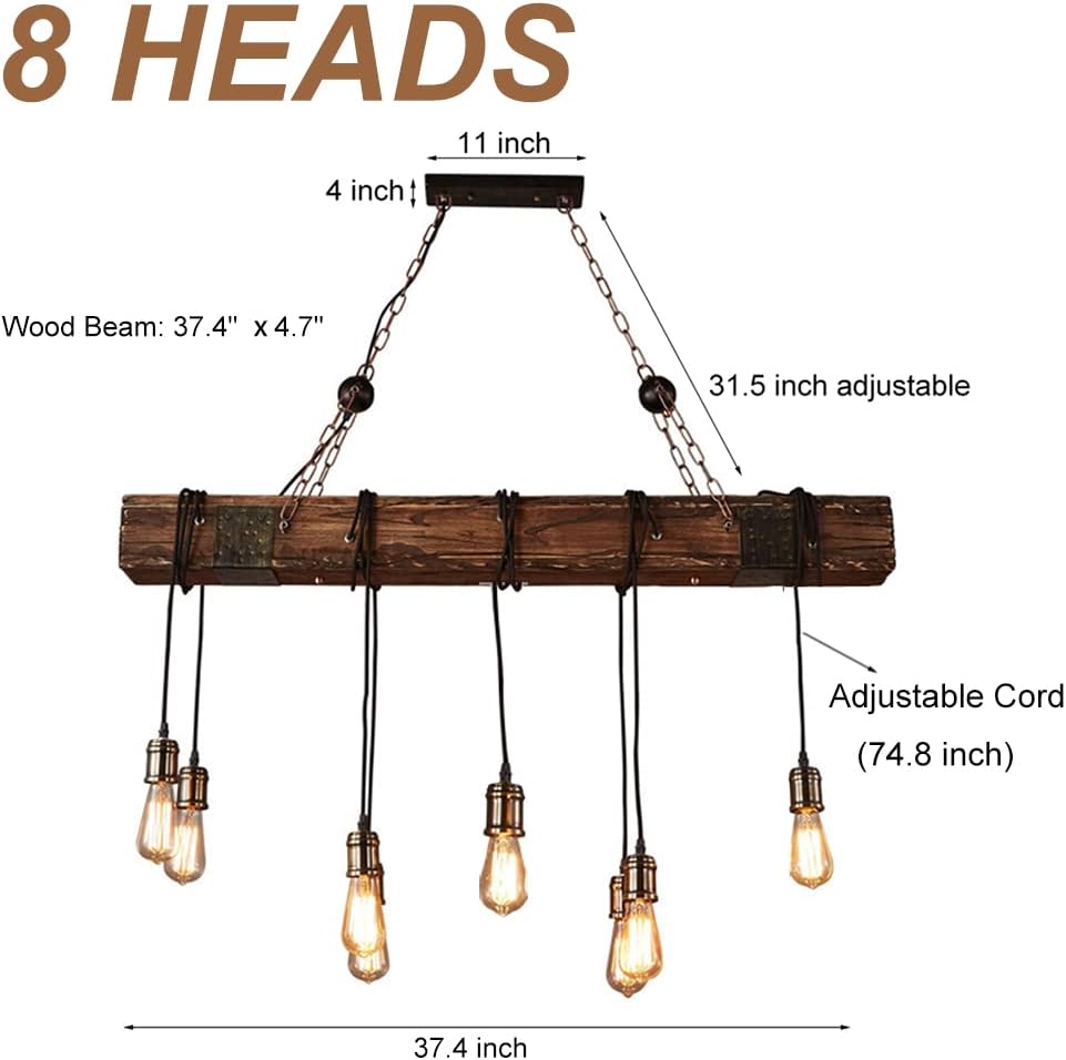 Wood Beam Chandelier 8 Lights Wooden Retro Rustic Pendant Light Industrial Chandelier Wood Ceiling Light Fixture for Dining Table Kitchen Island Bar Billiard Pool Table