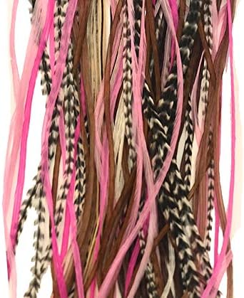 Feather Hair Extensions, 100% Real Rooster Feathers, Long Pink, Purple, Grizzly Colors, 20 Feathers with 20 Silicone Microlinks and loop tool