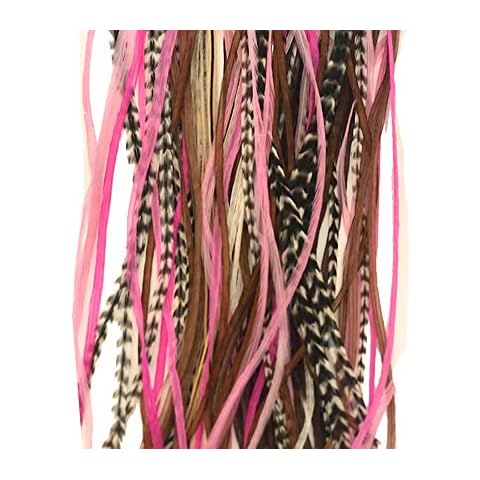 Feather Hair Extensions, 100% Real Rooster Feathers, Long Pink, Purple, Grizzly Colors, 20 Feathers with 20 Silicone Microlinks and loop tool Cover