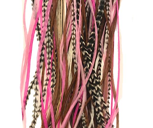 Feather Hair Extensions, 100% Real Rooster Feathers, Long Pink, Purple, Grizzly Colors, 20 Feathers With 20 Silicone Microlinks And Loop Tool #TOP17