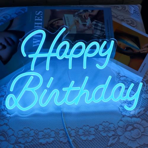Happy Birthday Neon Backdrop Wall Decor Lights for Home Decor Bar Cafe Christmas Anniversary Party with Dimmable Switch Reusable All Birthday Party Decor Neon Signs (16.5x10 Inch Ice Blue)