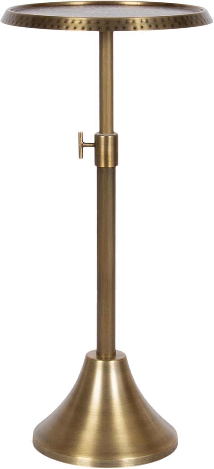 Kate and Laurel Sanzo Traditional Adjustable-Height Pedestal Drink Table, 11 x 11 x 30, Antique Brass, Vintage Round Indoor Metal Cocktail Table with Hammered Tabletop for Use as Indoor Plant Stand