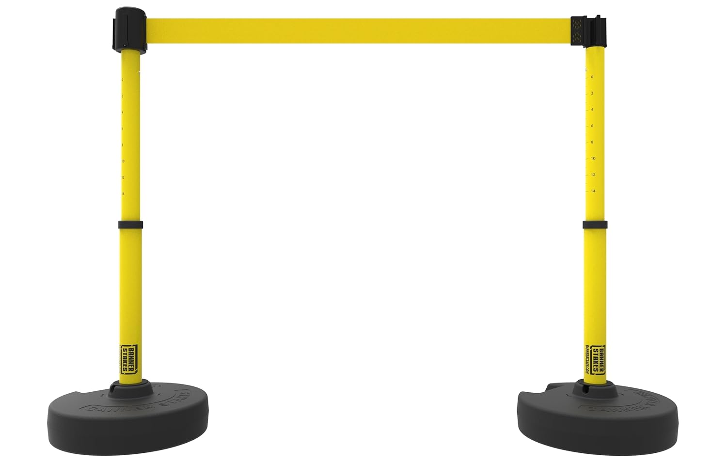 Banner Stakes Crowd Control Plus 15' Retractable Belt Barrier Stanchion Set X2 - Yellow Blank Banner, 22"-42" Plastic Telescoping Posts, Water/Sand Fillable Base (PL4292)