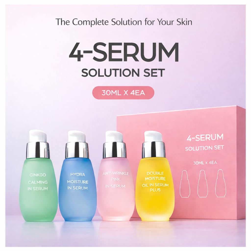 CHARMZONE Oil-in-Serum 4-Solution Set (1.01 fl.oz / 30ml x 4) – Double Moisture, Anti-Wrinkle Pink, Ginkgo Calming, Hydra Moisture Serums for Face