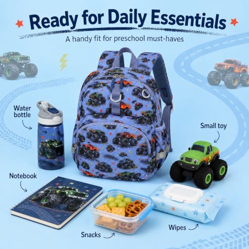 Image of LOIDOU Kids Backpack for Boys, 12 Inch Mini Bookbag with Insulated Pocket | Toddler Preschool Daycare Corduroy Small Travel Backpack with Chest Strap Ages 2-4, Blue Car
