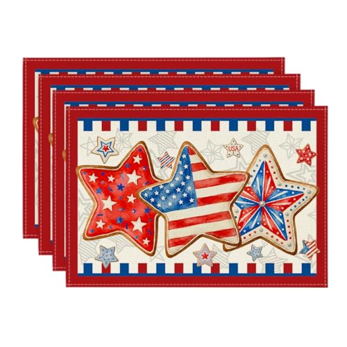 Artoid Mode American Flag Stars 4th of July Placemats Set of 4, 12x18 Inch Memorial Day Patriotic Table Mats for Party Kitchen Dining Decoration