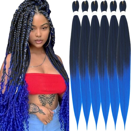 Xusuperb Extensiones de pelo sintético Kanekalon largo Pre Stretch Ombre Blue 30 pulgadas Easy Trenzas Negro Azul Kanekalon para trenzas, 6 paquetes de extensiones de pelo suave sin nudos Yaki trenzas