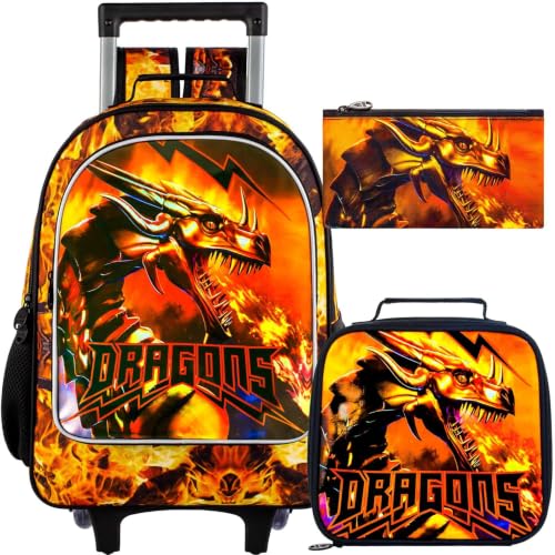 ZLYERT 3Pcs Dragon Rolling Backpack for Boys, Kids School Backpacks with Wheels, Roller Bookbag with Lunch Box for Elementary Preschool(Orange)