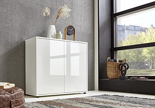 moebel-dich-auf Schuhschrank Ben 4 Kommode Sideboard Türkommode (weiß/weiß Hochglanz)