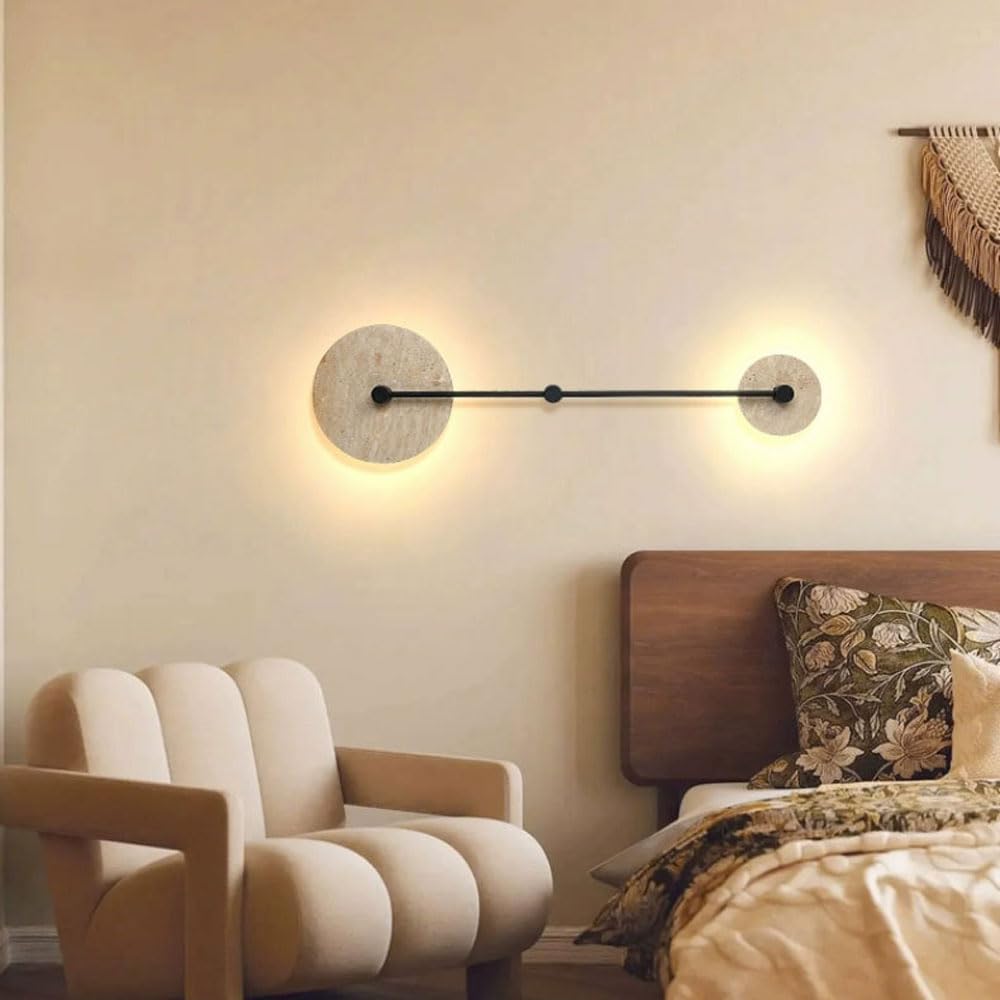 Modern Wabi Sabi Wall Light Fixture French Vintage Farmhouse Wall Mount Lamp for Bedroom Natural Stone Home Decor Wall Sconce Travertine Mid Century Retro Style Living Room Wall Lamp