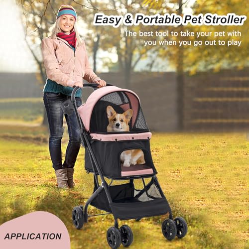 Romiromi Hundewagen bis 15 kg,Faltbar Hundebuggy mit Netzfenstern Lagerkorb & Getränkehalter,4 Räder Drehbar,Für Kleine/Mittlere Katzen und Hunde von 4-15kg,Ganz Saisonal, Rosa