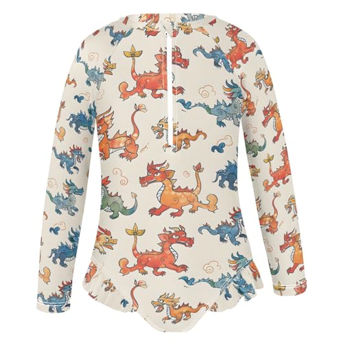 Little Cartoon Chinese Dragon Girls Long Sleeve Swimsuit Rash Guard One Piece Bathing Suits Zipper 3-12T2