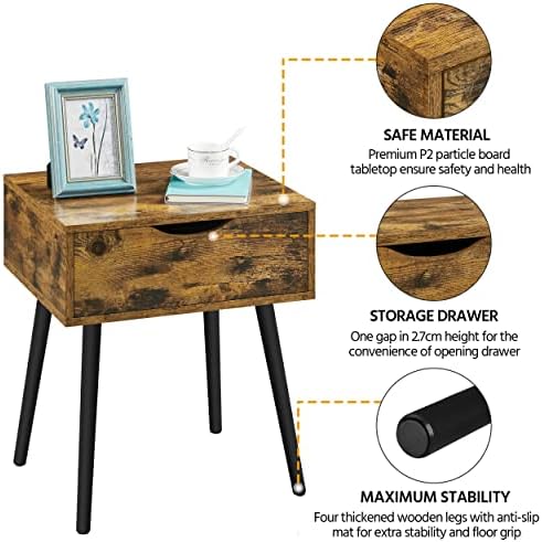 Yaheetech Bedside Table, Wood Nightstand with Storage Drawer, Retro Chic Look Accent Furniture with Metal Legs, End Side Table for Small Space/Bedroom, Rustic Brown