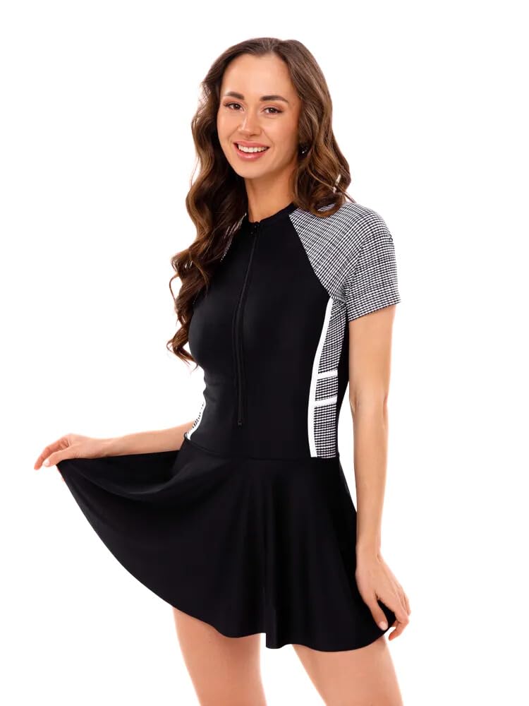 Women’s One Piece Skirt swimsuit with Removable Cups Black Swimdress Modern and Trendy with Corrective Effect with Sun-Protective Fabric