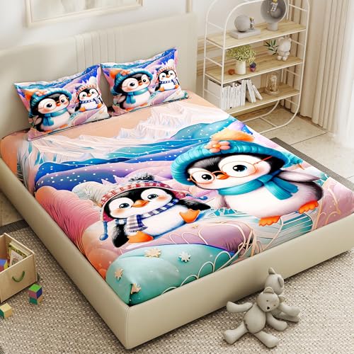 Image of Story@Home Penguins 7D bedsheet for Double Bed 240TC Premium Cotton Feel Microfiber with 2 King Size Pillow Cover | 225 cm x 250 CM | Pink Penguin Kids bedsheet for Boys and Girls