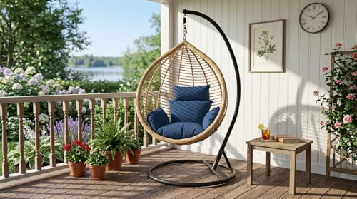 Image of UNIVERSAL FURNITURE Hanging Egg Swing Chair with Stand, Woven Wicker Rattan Style Swing with Cushion, Freestanding Indoor Outdoor Hanging Chair for Patio, Balcony, Garden & Porch (Beige & Blue)