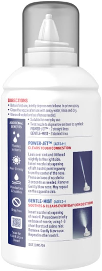 Mucinex Sinus Saline Nasal Spray & Sinus Rinse, Non-Medicated, Additive Free, Non-Drowsy Nasal Irrigation with 2-in-1 Jet + Mist Spray Nozzle for Cold & Allergy Season, 4.5oz Saline Solution Spray-3Pk