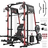 Mikolo Smith Machine, All-in-one Power Cage Home Gym with Weight Stack, Aluminum Pulley Set, Dual LAT Pull-Down System & Cable Crossover, Red (with 230lb Black Plates Set+Bench)