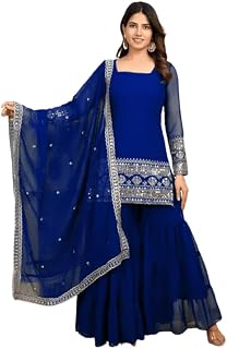 NESH CREATION Women's Heavy Embroidered Full Sleeves Georgette Sharara Set For Diwali, Navratri, and Wedding Price In India