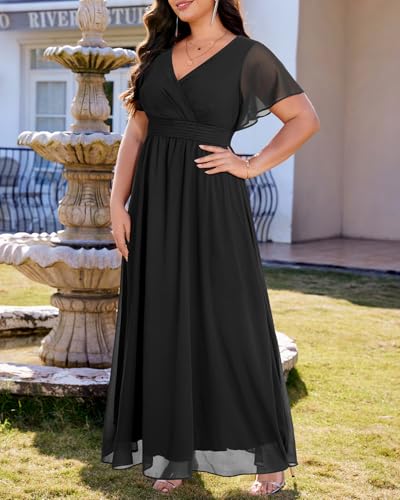 Image of Talisea Plus Size Formal Dresses - V Neck Flutter Sleeve Glitter Prom Evening Gowns Wedding Guest Chiffon Long Maxi Dress