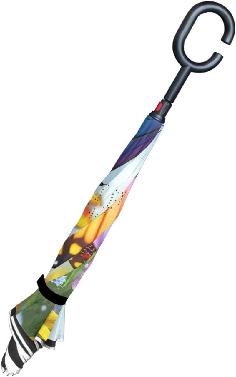 Rainbow Butterfly Florals Inverted Umbrellas for Rain Windproof Reverse Upside Down Golf Umbrella with C-shape Handle for Men Women