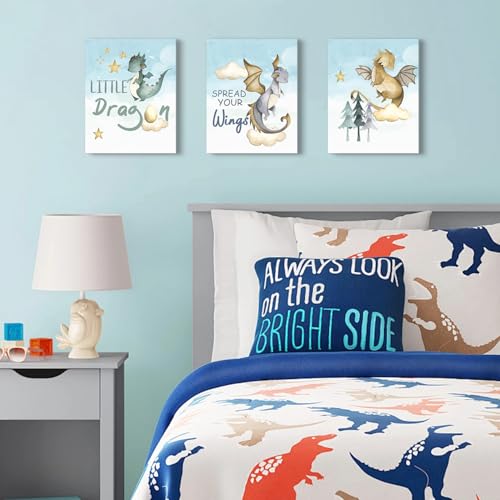 Image of CHDITB Little Dragon Wall Art, Spread Your Wings Framed Canvas Wall Art Set, Fantasy Dragon Decor, Magical Castle Painting, Inspiring Quote Art Prints For Kids Room Nursery Decor(12X16 Inch)