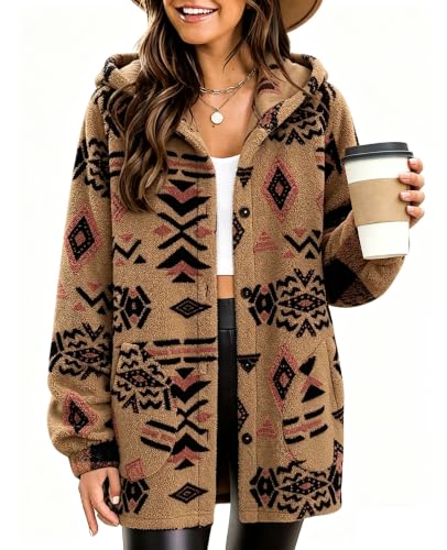 Image of SELINK Womens Aztec Print Fleece Hoodie Jacket Button Down Shacket Casual Sherpa Coats Warm Outwear with Pockets, Coffee, L