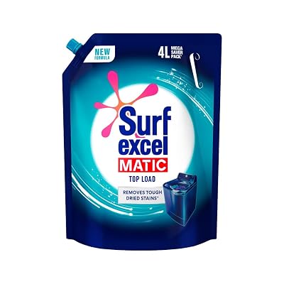 Surf Excel Matic Top Load Liquid Detergent 4L Refill Pouch, Specially designed to remove Tough Dried Stains, 1st time in