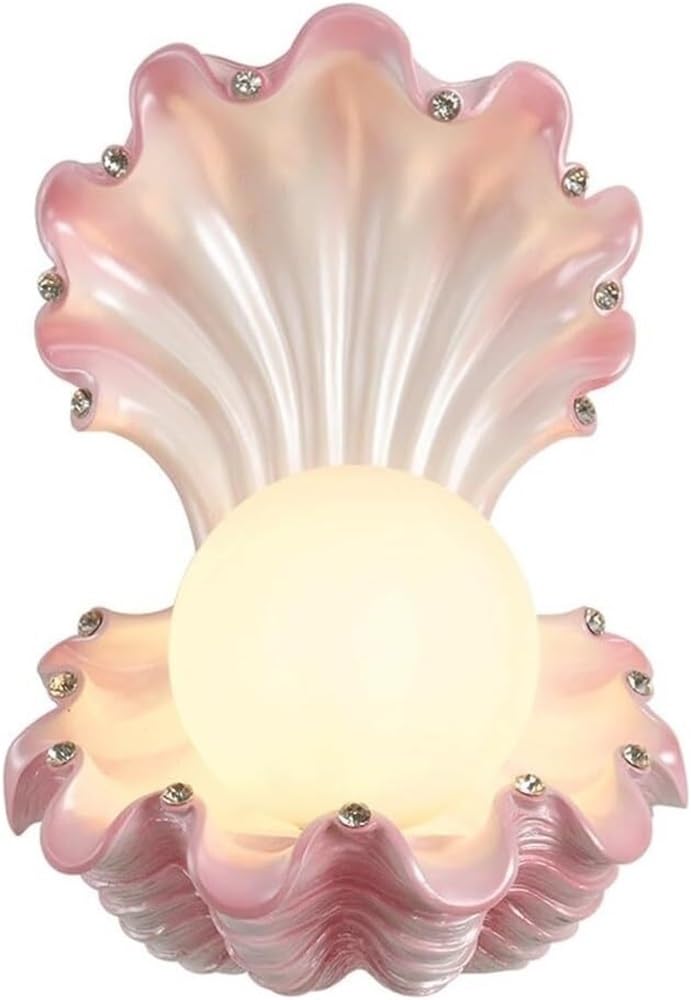 LYOUAE French Creative Seashell Wall Sconce Nordic Children's Room Resin Wall Lamp G9 LED Bedside Wall Mounted Lamp with Acrylic Globe for Bedroom Living Room Hallway(Pink)