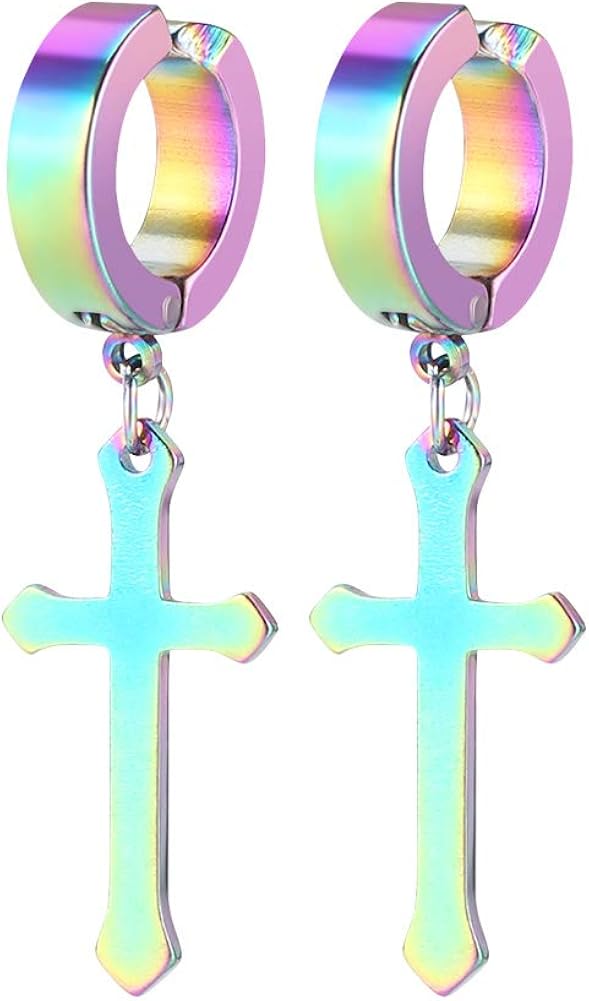 Non-Pierced Clip On Cross Dangle Hoop Earrings Set for Men Women No Piercing Ear Plug Jewelry for Graduation Easter Christmas