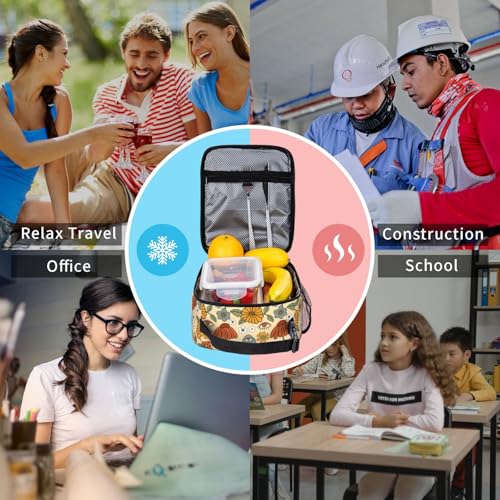 GVGOAGL 70s Retro Mushroom Floral Insulated Lunch Bag Reusable Cooler Lunch Box Portable Leakproof Thermal Container Tote Bags for Girls Boys School Travel