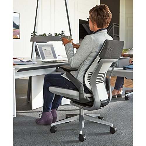 Steelcase Gesture Office Chair - Cogent Connect Graphite Upholstered Wrapped Back Black Frame Medium Seat Black Seat/Back/Arms Hard Floor Caster Wheels #TOP5