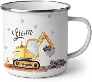 miKalino Emaille Tasse Jungs - Trinkbecher Kinder personalisiert - Emaille Becher mit Bagger-Motiv - Kindertasse mit Namen - Kindertasse bedruckt - Emaillebecher Weiß